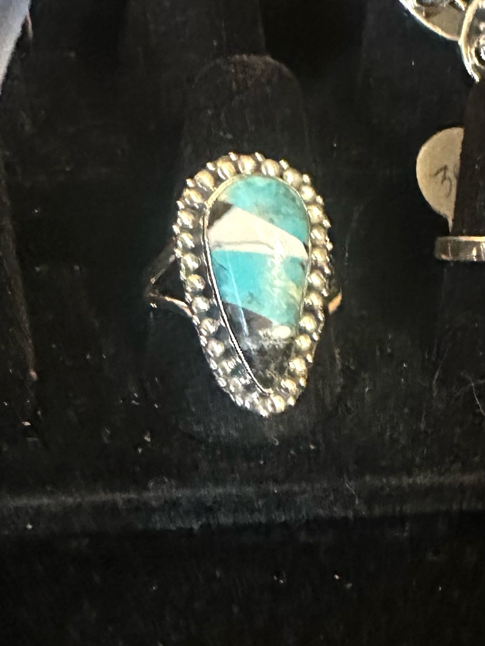 Turquoise Inlay Teardrop Sterling Ring - Turquoise Blue black buffalo size 8
